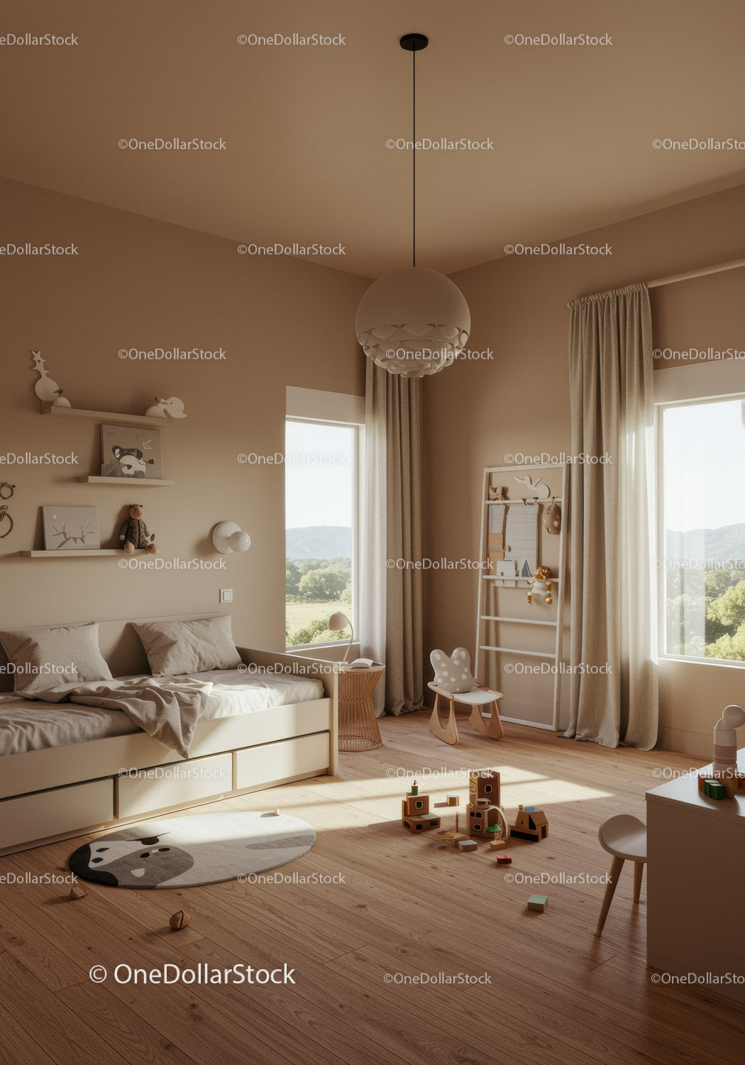 Bright and Cozy Children's Nursery Room with Wooden Flooring and Scenic View