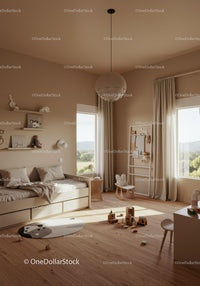 Bright and Cozy Children's Nursery Room with Wooden Flooring and Scenic View