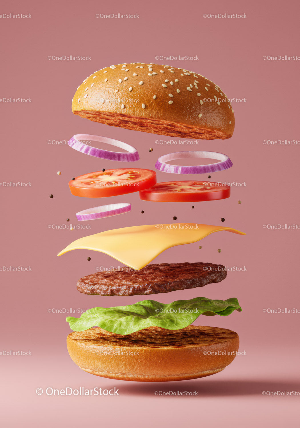 Floating Classic Cheeseburger Ingredients Stack
