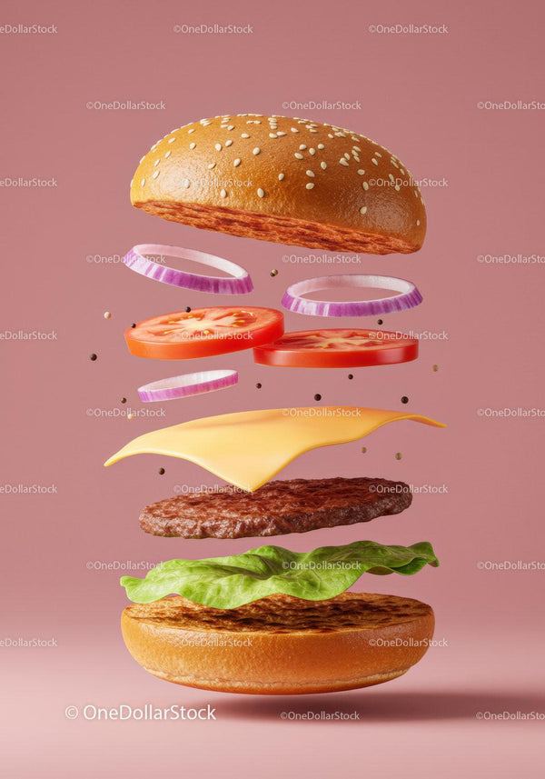 Floating Classic Cheeseburger Ingredients Stack