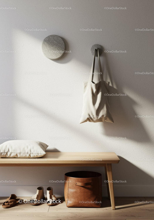 Nowoczesne Minimalistyczne Wejście do Domu z Drewnianą Ławką i Beżową Dekoracją