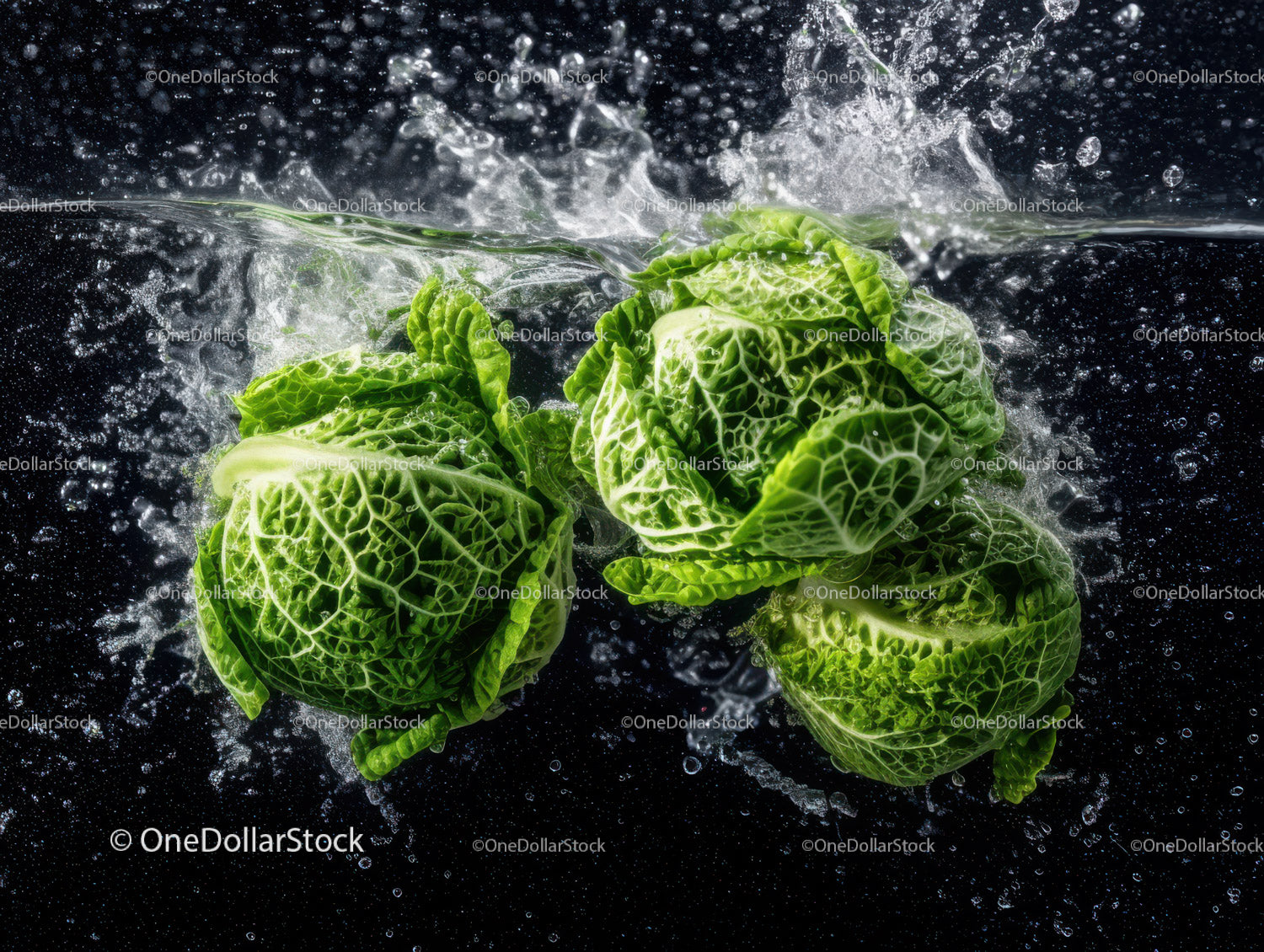 Fresh Green Cabbage in Water Splash with Leafy Greens and Organic Vibe