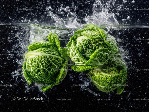 Fresh Green Cabbage in Water Splash with Leafy Greens and Organic Vibe