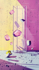 Abstract Modern Art Installation with Floating Pink Rocks and Geometric Shapes
