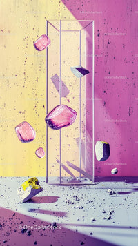 Abstract Modern Art Installation with Floating Pink Rocks and Geometric Shapes