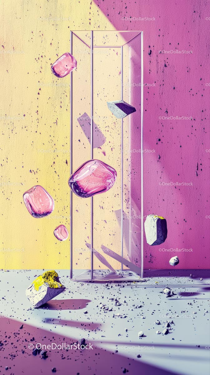 Abstract Modern Art Installation with Floating Pink Rocks and Geometric Shapes