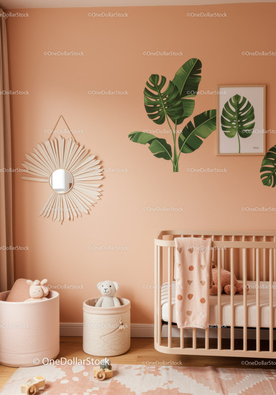 Modern Nursery with Green Monstera Wall Art and Cozy Baby Crib