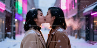 Couple sharing a tender kiss in snowy urban evening