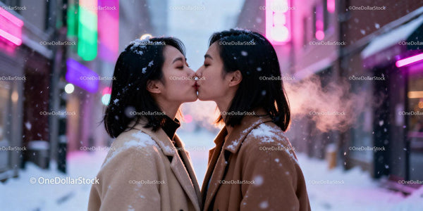 Couple sharing a tender kiss in snowy urban evening