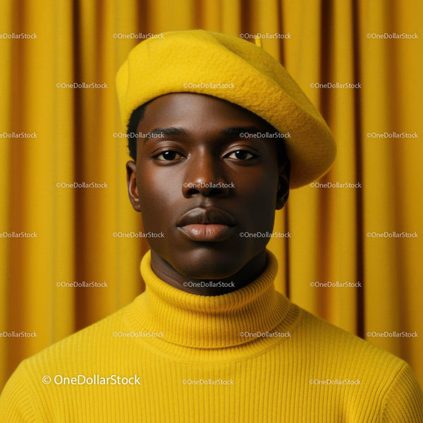 Stylish man wearing yellow beret and turtleneck sweater
