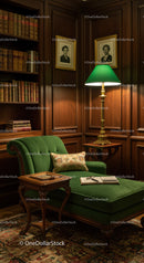 Cozy Green Chaise Lounge in Classic Wood Paneled Library