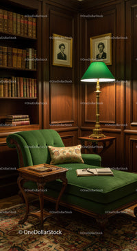 Cozy Green Chaise Lounge in Classic Wood Paneled Library
