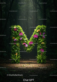 Letter M formed by lush green leaves and vibrant orchids