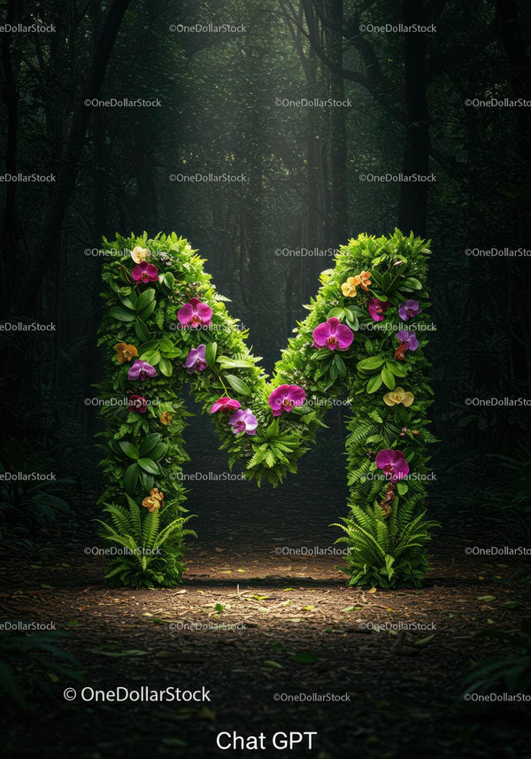Letter M formed by lush green leaves and vibrant orchids