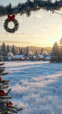 Snowy village at sunrise with festive Christmas decorations