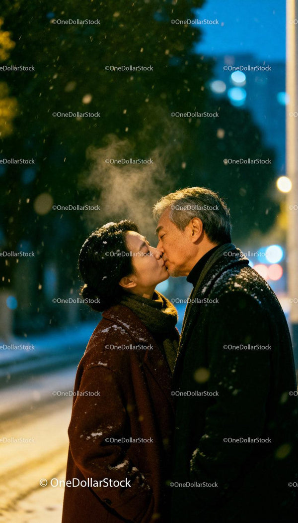 Elderly Couple Sharing a Tender Kiss on a Snowy Night