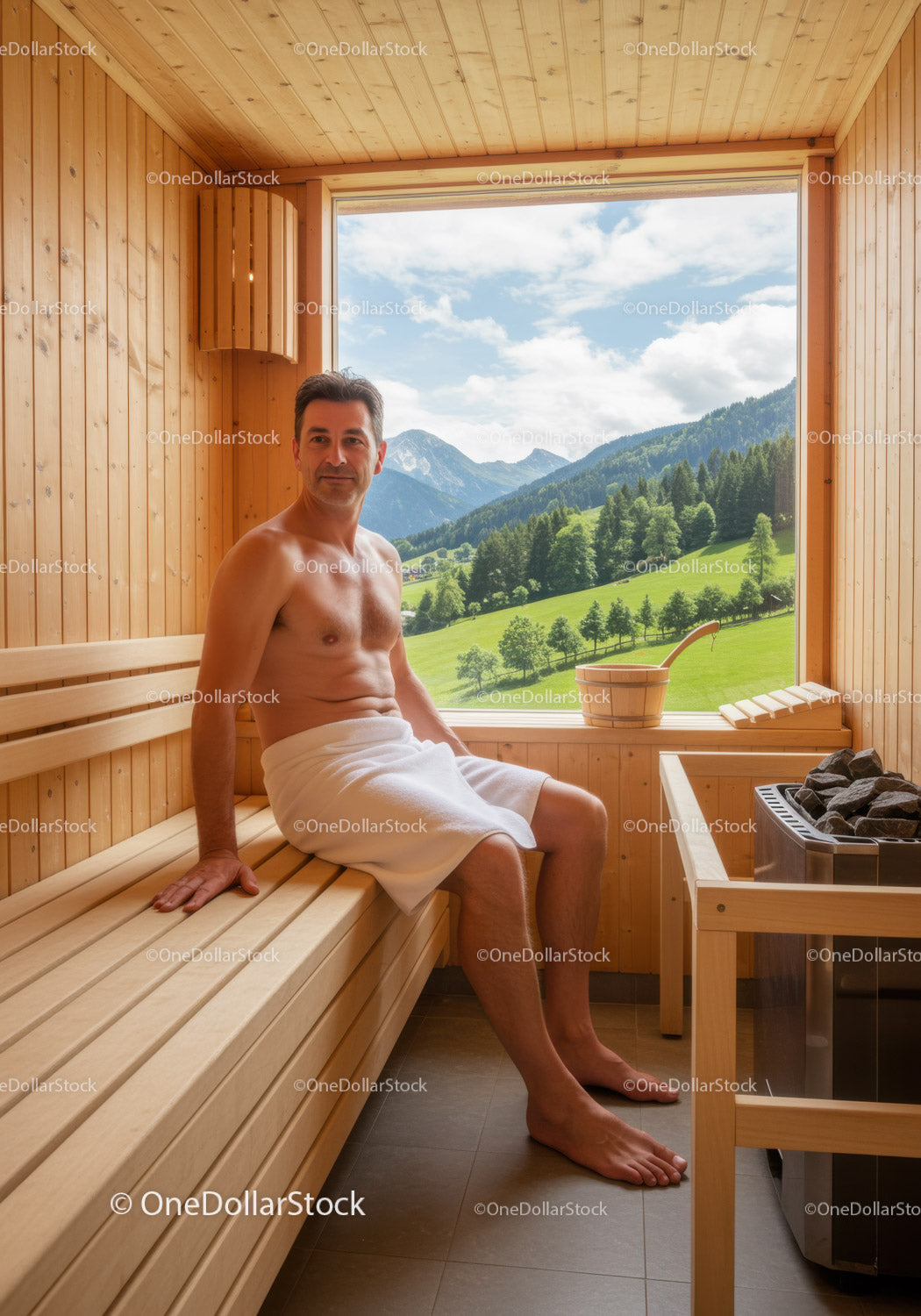 Male Person Relaxing in Wooden Sauna with Scenic Mountain View
