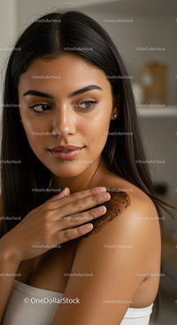 Young Woman Applying Body Scrub on Shoulder for Skin Care