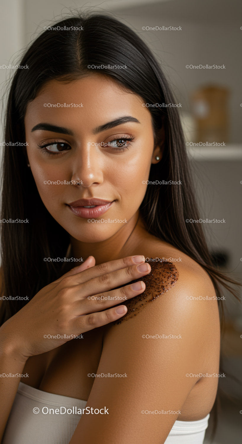 Young Woman Applying Body Scrub on Shoulder for Skin Care