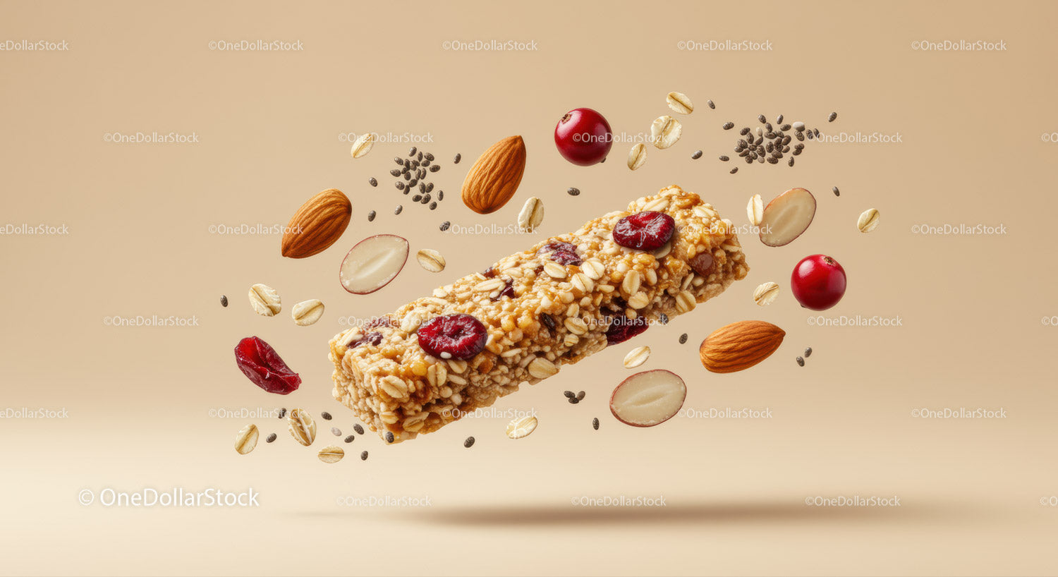 Healthy granola bar with almonds and cranberries floating