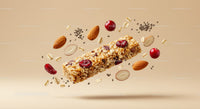 Healthy granola bar with almonds and cranberries floating