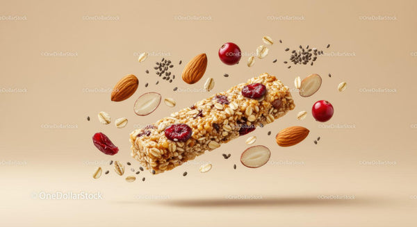 Zdrowy baton granola z migdałami i żurawiną unoszący się w powietrzu