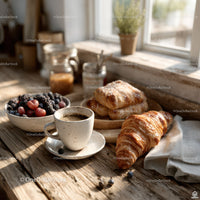 Rustic breakfast scene with croissants, berries and coffee by sunlit window