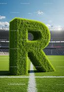 Green grassy letter R on sports field under blue sky