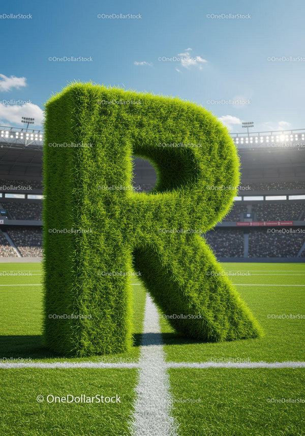Green grassy letter R on sports field under blue sky