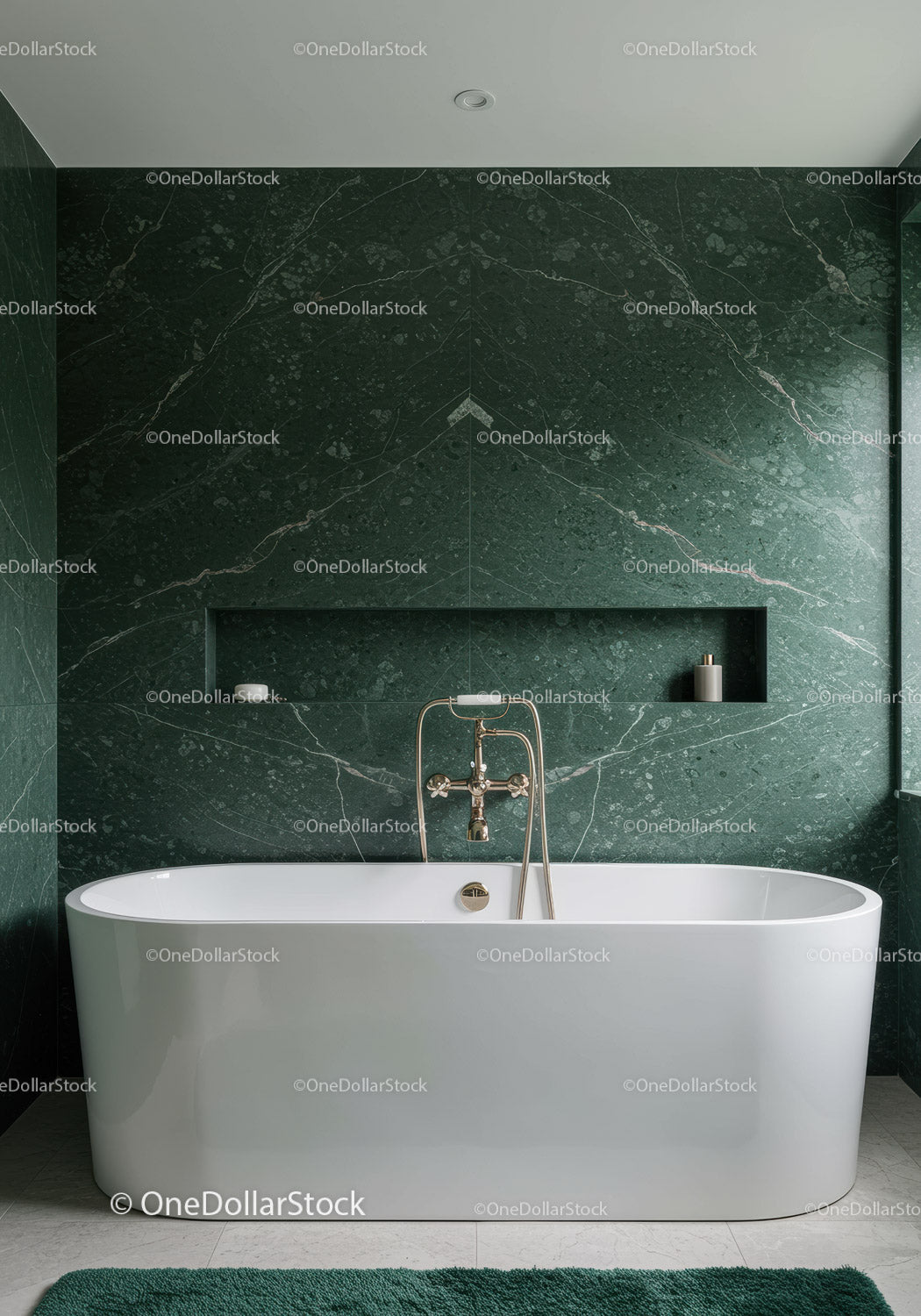 Luxury Green Marble Wall Bathroom with Freestanding White Bathtub