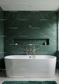 Luxury Green Marble Wall Bathroom with Freestanding White Bathtub