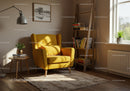 Cozy yellow armchair in warm sunlit reading nook