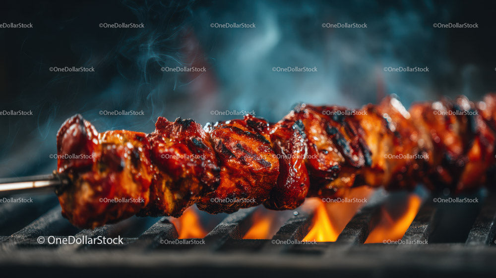Juicy Grilled Meat Skewers with Charred Edges on Open Flame
