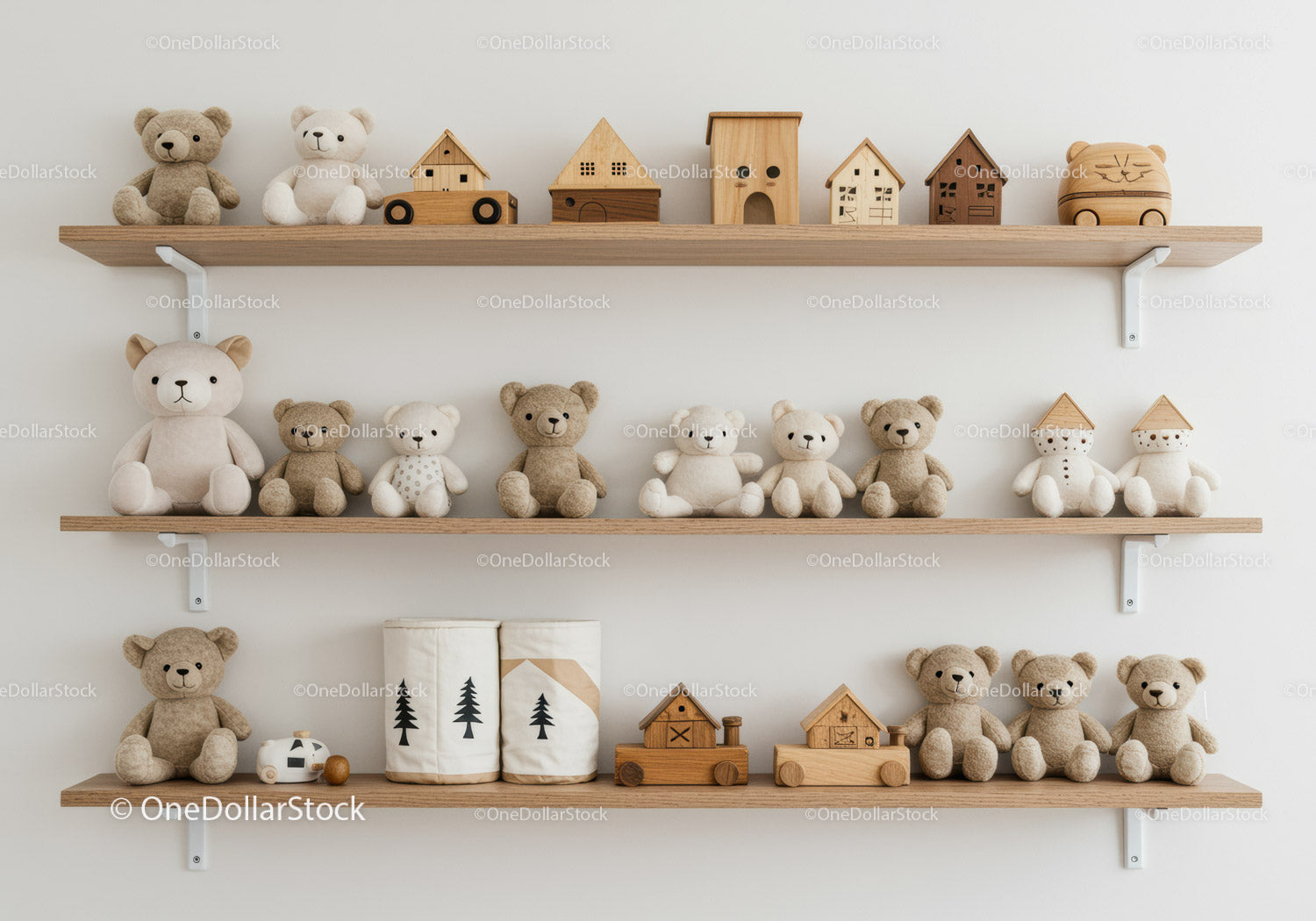 Adorable Teddy Bears and Wooden Toys Display in Children's Nursery