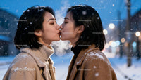 Couple sharing a tender kiss during snowy winter evening