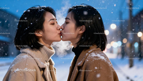 Couple sharing a tender kiss during snowy winter evening