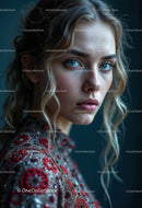 Elegant Woman with Blue Eyes in Embroidered Dress for Fashion Portrait