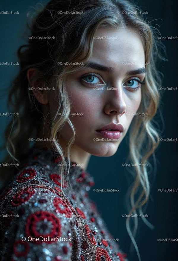Elegant Woman with Blue Eyes in Embroidered Dress for Fashion Portrait