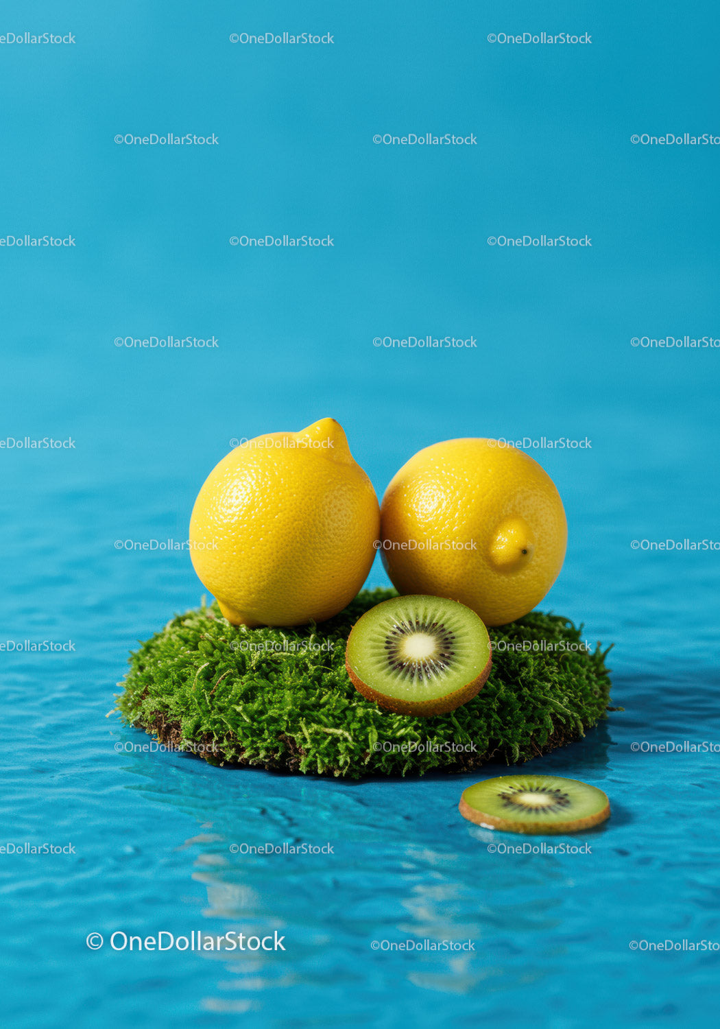 Two lemons and kiwi slice on moss floating in water