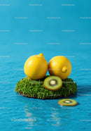 Two lemons and kiwi slice on moss floating in water