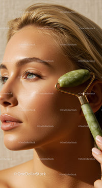 Young Woman Using Jade Roller for Facial Massage and Skin Care
