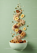 Bowl with dried fruits and grains on green background