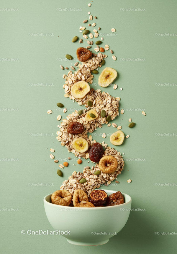 Bowl with dried fruits and grains on green background
