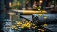 Yoga Mat with Yellow Flowers and Towels by Outdoor Pool