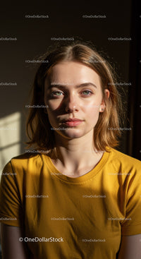 Portrait of Young Woman with Blue Eyes and Sunlit Face in Casual Yellow T-Shirt