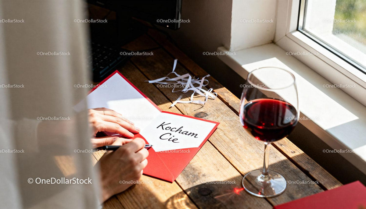 Writing a Love Note by the Window with Red Wine Glass