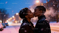 Affectionate couple sharing a kiss in snowy winter evening