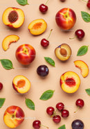 Fresh Summer Stone Fruits and Green Leaves Arrangement