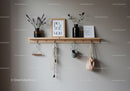 Minimalist Wooden Shelf with Flower Vases, Wall Hooks and Hanging Bag