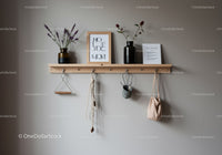 Minimalist Wooden Shelf with Flower Vases, Wall Hooks and Hanging Bag
